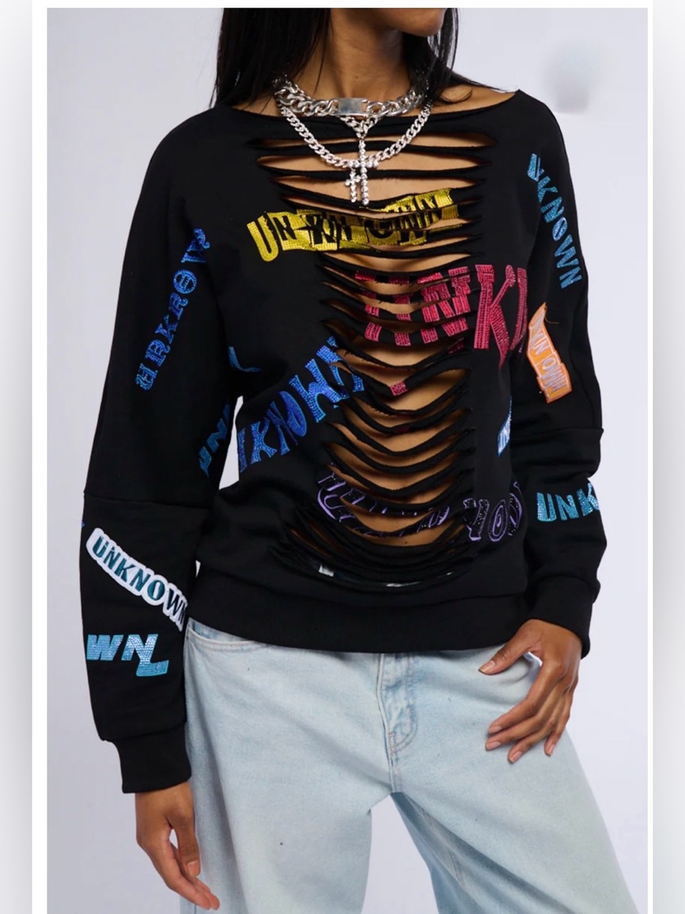 💙AKIRA Black Unknown Distressed Rhinestone Embellishment Sweatshirt Shirt Top XL